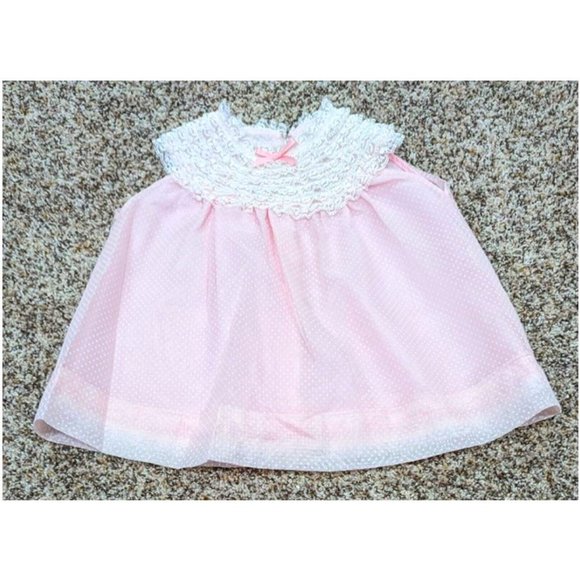 Vtg Baby Girl Pink Sheer Dot Swiss Dress Lace Frill Collar Handmade Size 6-12 mo - Picture 5 of 5